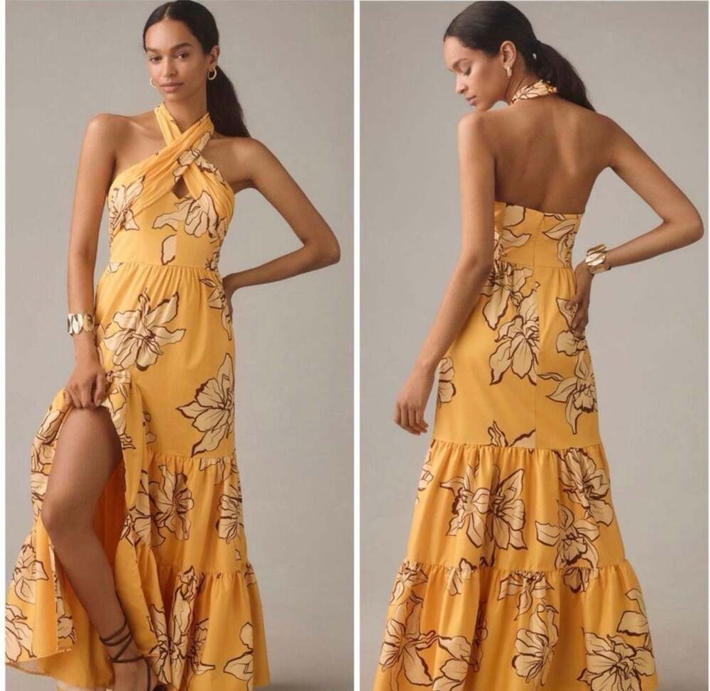 Hutch Yellow Floral Halter Maxi Dress with Cream and Brown Blooms